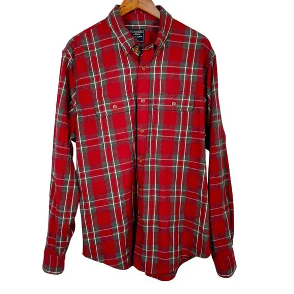 Abercrombie & Fitch 100% Cotton Red Gray Plaid Flannel Button Down Men’s XXL - Picture 2 of 15